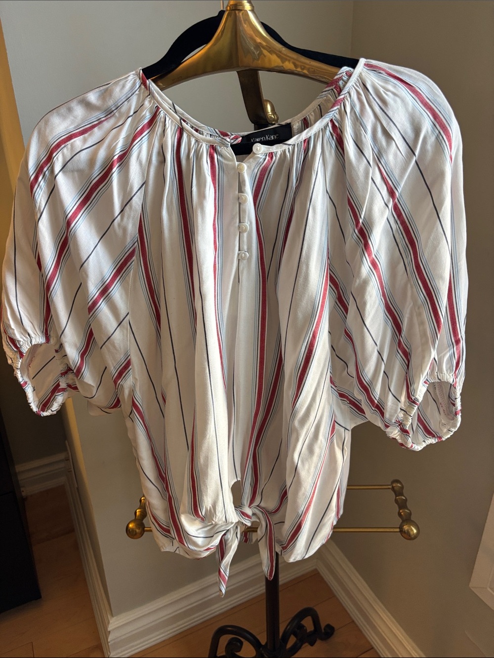 Karen Kane White Blouse with Red and Navy Stripes, Front Tie